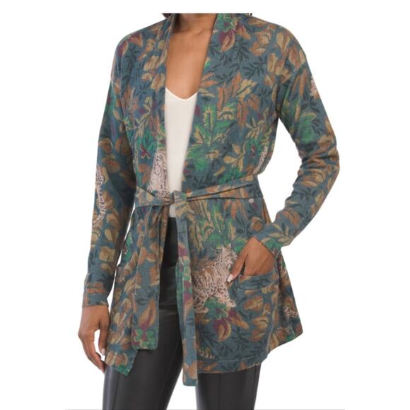 Johnny Was Womens Boho Open Cardigan Medium Wool‎ Cashmere Belted Jungle Leopard